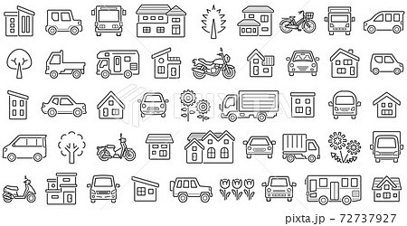 家と車と二輪車と植物のアイコンセット(隙間ありの線のみ) 家と車と二輪車と植物のアイコンセット(隙間ありの線のみ) 72737927