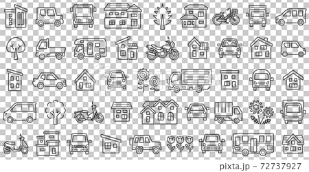 家と車と二輪車と植物のアイコンセット(隙間ありの線のみ) 家と車と二輪車と植物のアイコンセット(隙間ありの線のみ) 72737927