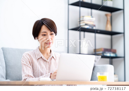 リビングでテレワーク中のミドル女性。 リビングでテレワーク中のミドル女性。 72738117