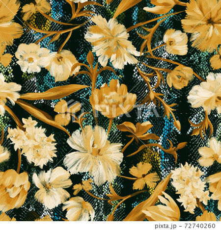 Botanical floral seamless pattern. Bright abstract fantasy flowers mixed with animal snake reptile skin print texture ornament. Summer animal floral background. Textile and fabric design. 72740260