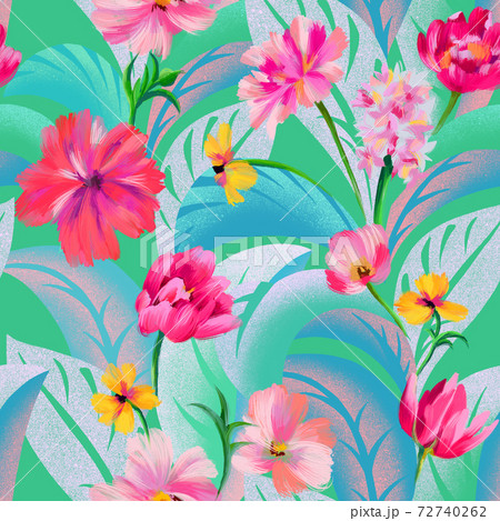 Nature ornament. Sophisticated blooming fantasy flowers on leaves background. Floral seamless pattern. Fashion design for clothing, dress, textile, fabric and wrapping. Nature ornament. Sophisticated blooming fantasy flowers on leaves background. Floral seamless pattern. Fashion design for clothing, dress, textile, fabric and wrapping. 72740262