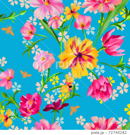 Botanical floral seamless pattern. Bright abstract fantasy flowers mixed with scattered small meadow daisies texture. Summer floral background. Botanical floral seamless pattern. Bright abstract fantasy flowers mixed with scattered small meadow daisies texture. Summer floral background. 72740282