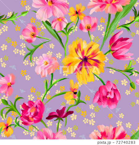 Botanical floral seamless pattern. Bright abstract fantasy flowers mixed with scattered small meadow daisies texture. Summer floral background. 72740283