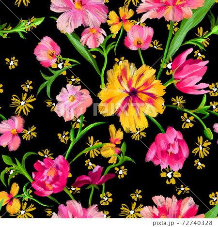 Botanical floral seamless pattern. Bright abstract fantasy flowers mixed with scattered small meadow daisies texture. Summer floral background. 72740328