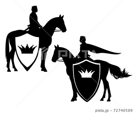 king riding horse with heraldic crown shield black vector outline 72740589