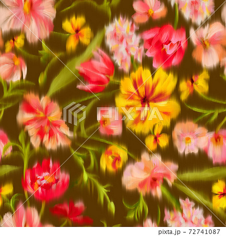 Trendy elegant floral seamless pattern. Defocused bright garden flowers with large blooming buds. Blurred summer botanical ornament for fashion design, textile and fabric. Boho chic style. 72741087