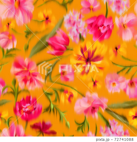Trendy elegant floral seamless pattern. Defocused bright garden flowers with large blooming buds. Blurred summer botanical ornament for fashion design, textile and fabric. 72741088