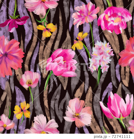 Sophisticated floral seamless pattern. Mixed garden flowers with watercolor striped animal skin zebra tiger texture. Botanical ornament for fashion design, textile and fabric. Sophisticated floral seamless pattern. Mixed garden flowers with watercolor striped animal skin zebra tiger texture. Botanical ornament for fashion design, textile and fabric. 72741111
