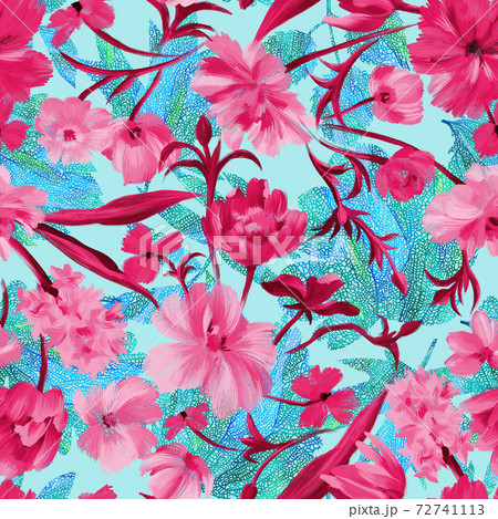 Summer floral ornament. Sophisticated abstract fantasy flowers on plant leaves with collage graphic ornate knitting net texture. Botanical floral seamless pattern. 72741113