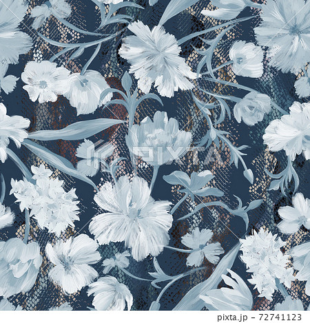 Botanical floral seamless pattern. Bright abstract fantasy flowers mixed with animal snake reptile skin print texture ornament. Summer animal floral background. Textile and fabric design. Botanical floral seamless pattern. Bright abstract fantasy flowers mixed with animal snake reptile skin print texture ornament. Summer animal floral background. Textile and fabric design. 72741123