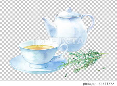白い茶器。ティーセットローズマリーティーの水彩イラスト。ティーポットとカップ&ソーサー。 白い茶器。ティーセットローズマリーティーの水彩イラスト。ティーポットとカップ&ソーサー。 72741772