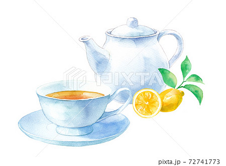 白い茶器。ティーセットとレモンティーの水彩イラスト。ティーポットとカップ&ソーサー。 72741773