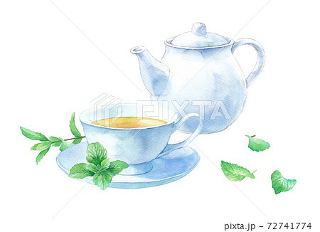 白い茶器 ティーセットとミントティーの水彩イラスト ティーポットとカップ ソーサー のイラスト素材