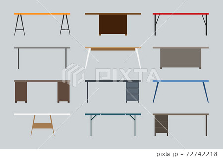 Modern, contemporary, loft, cartoon flat style business office table vector illustration set. Wooden, empty, stylish front view desk workplace icon collection on gray Modern, contemporary, loft, cartoon flat style business office table vector illustration set. Wooden, empty, stylish front view desk workplace icon collection on gray 72742218