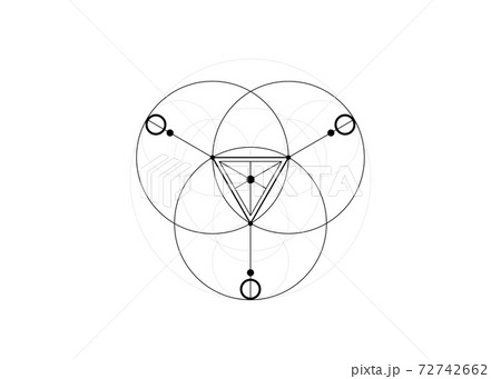 Magic Alchemy symbols, Sacred Geometry. Mandala religion, philosophy, spirituality, occultism concept. Linear triangle with lines and overlapping circles, print vector logo isolated white background  72742662
