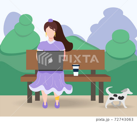 A woman works at a laptop while sitting on a bench in the park. Freelance concept, quarantine due to covid-19 A woman works at a laptop while sitting on a bench in the park. Freelance concept, quarantine due to covid-19 72743063