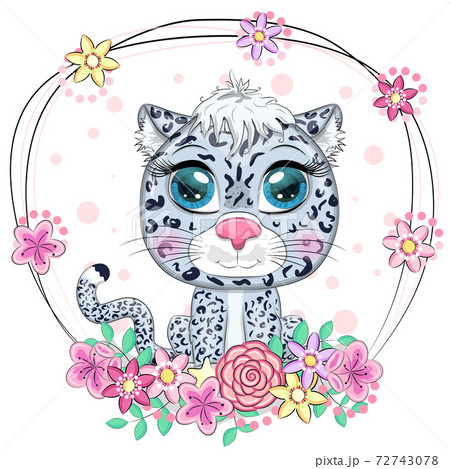 Cartoon snow leopard with expressive eyes. Wild animals, character, childish cute style. 72743078