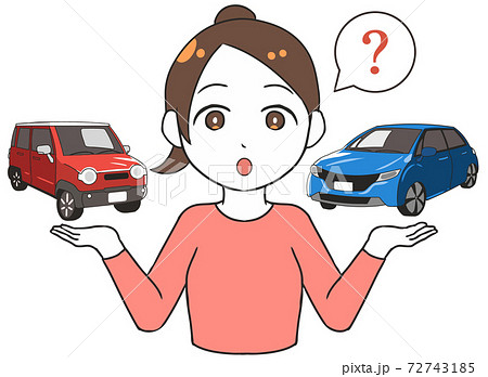 軽自動車と普通車を比較する 悩む 女性のイラスト素材