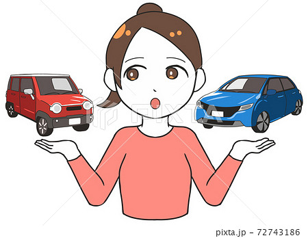 軽自動車と普通車を比較する 左視線 女性のイラスト素材