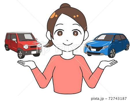 軽自動車と普通車を比較する 女性のイラスト素材