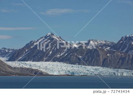 Mountains, glaciers and coastline landscape close to a village called Ny-Alesund located at 79 degree North on Spitsbergen 72743434