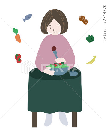 サラダを食べている女性と 食物素材の手描きイラスト 食育やsdgsと関連にも のイラスト素材