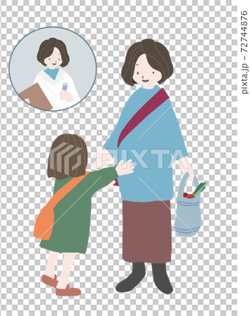 Hand-drawn illustrations of pregnant women who pick up their children at the nursery school after work (also for gender, SDGs, etc.) 72744876