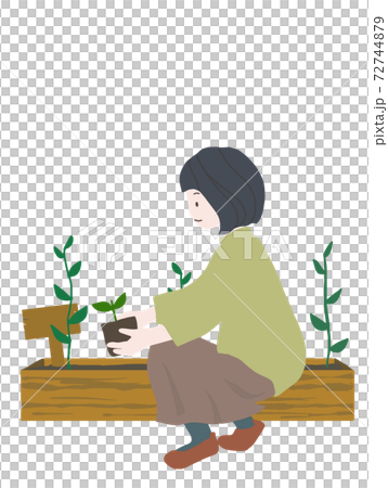 花壇に花の苗を植えている女性の手描きイラスト まちづくりや園芸 Sdgsと関連しても のイラスト素材