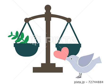 平和の象徴の鳩と 司法のシンボルの秤で平和と公正を表現した手描きイラスト 司法やsdgs等に のイラスト素材
