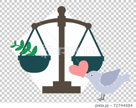 平和の象徴の鳩と 司法のシンボルの秤で平和と公正を表現した手描きイラスト 司法やsdgs等に のイラスト素材