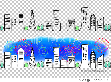 街並みと花火の手書き線画セット 72745954