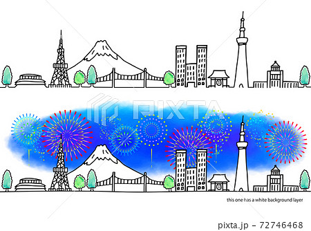 東京の街並みと花火の水平イラストセットのイラスト素材