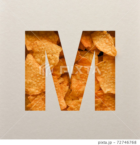 Font design, Abstract alphabet with triangle corn chips, realistic leaves typography - M 72746768