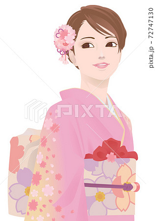 桜模様の着物の若い女性 ピンクのイラスト素材
