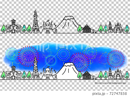 北海道の街並みと花火の水平イラストセット 72747838