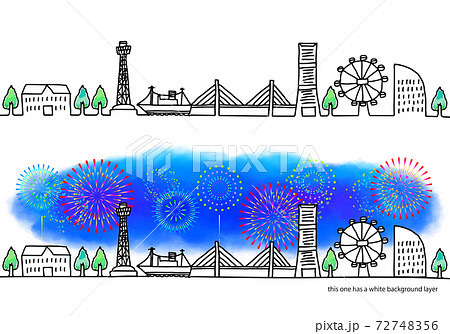 横浜の街並みと花火の線画セット 72748356