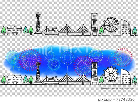 横浜の街並みと花火の線画セット 72748356