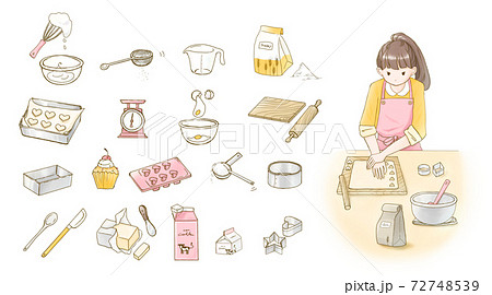 クッキーを作る女性とお菓子作りのイラストセットのイラスト素材