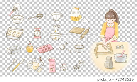 クッキーを作る女性とお菓子作りのイラストセット 72748539