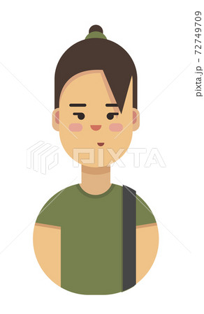 Flat vector illustration of teenager, woman, student in green cloth with a bag. Full face. Female. 72749709