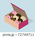 Carton box with different donuts. Vector isometric illustration. 72749711