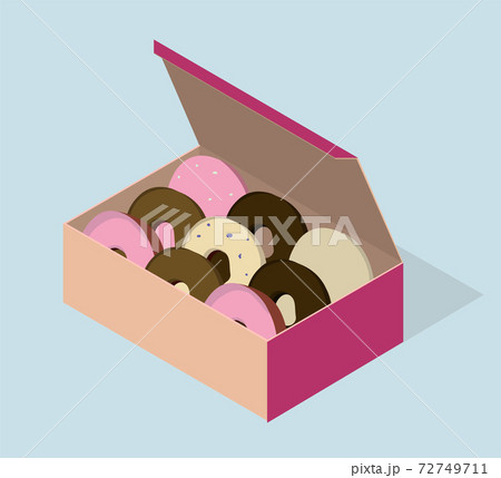 Carton box with different donuts. Vector isometric illustration. 72749711