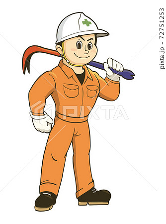 バールをかついだ作業服姿の男性のイラストのイラスト素材