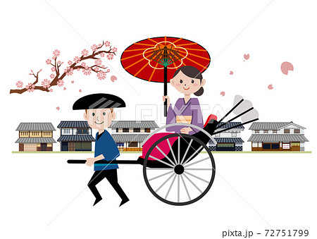 人力車 若い女性 着物 下町 春 桜のイラスト素材