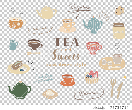 ティータイムの手描きイラストのセット 紅茶 ティーカップ ティーポット カフェ スイーツ デザートのイラスト素材