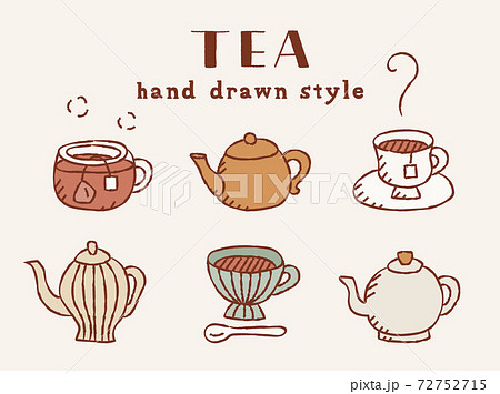 ティーカップとティーポットの手描きイラストのセット 紅茶 おしゃれ ティータイム コーヒー カフェのイラスト素材 72752715 Pixta