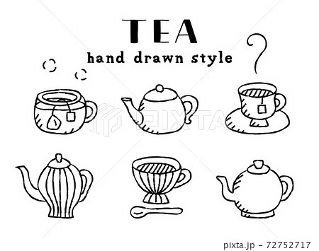 ティーカップとティーポットの手描きイラストのセット 紅茶 おしゃれ ティータイム コーヒー カフェのイラスト素材