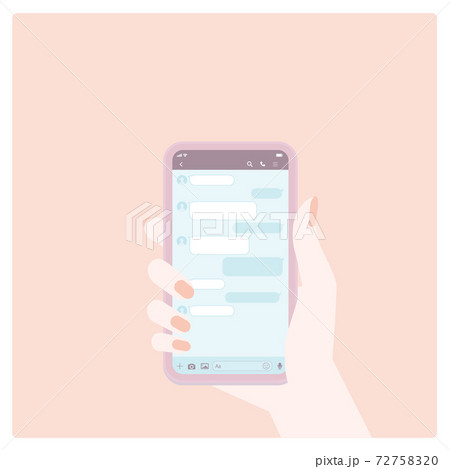 スマートフォン メッセージアプリイメージ素材 スマホを持つ女性の手とトーク画面のイラスト素材 7275