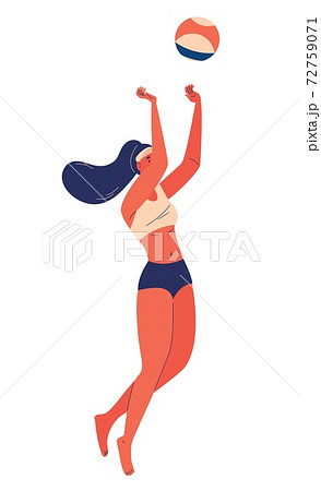 Beach volleyball concept illustration isolated on white. Cartoon woman in swimsuit jumping Beach volleyball concept illustration isolated on white. Cartoon woman in swimsuit jumping 72759071