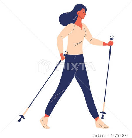 Woman training nordic walking. Cartoon vector character with poles isolated on white Woman training nordic walking. Cartoon vector character with poles isolated on white 72759072